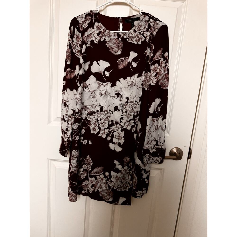 BCBG Maxazria Ashton Burgundy Floral Two Layer Dress Long Sleeve Size XS